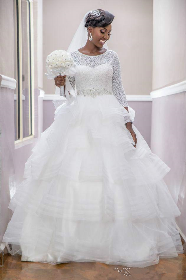 Princess Arabic Wedding Dresses Lace Beads Sash 3/4 Long Sleeve Tieres Plus Size African Saudi Arabia Bridal Gowns Beach Vestido de novia