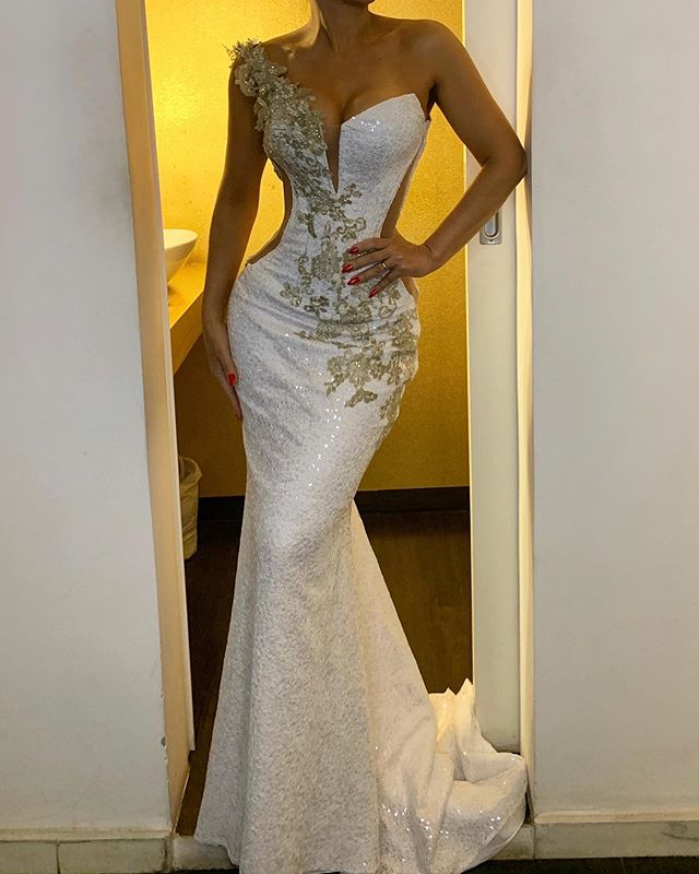 Prom Dress with Gold Lace Sequined 2020 One Shoulder Mermaid Evening Dresses Formal Party Gowns Dubai Arabic Wear