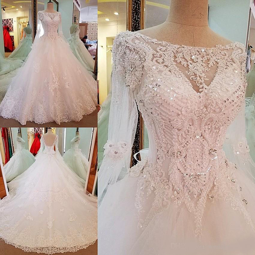 Luxurious Scoop Neck Long Sleeve A-line Wedding Dresses Appliques Beaded Lace Up Back Bridal Wedding Gowns Robe De Mariage Bridal Dresses