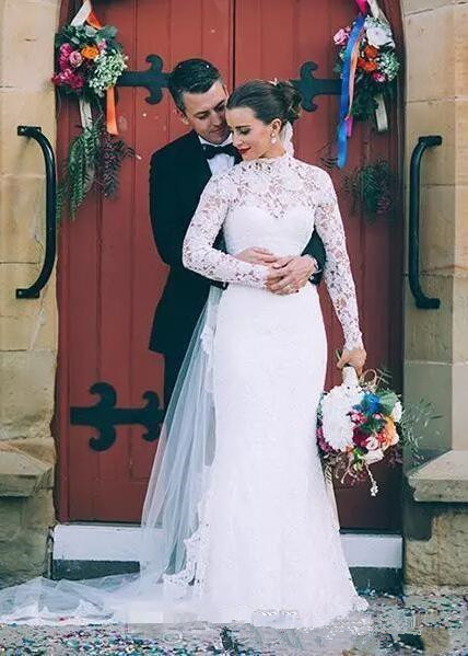 Long Sleeve High Neck Dresses Lace Floor Length Mermaid Modest Design Bridal Gowns For Outdoor Wedding 2019 Custom Made 93 0510