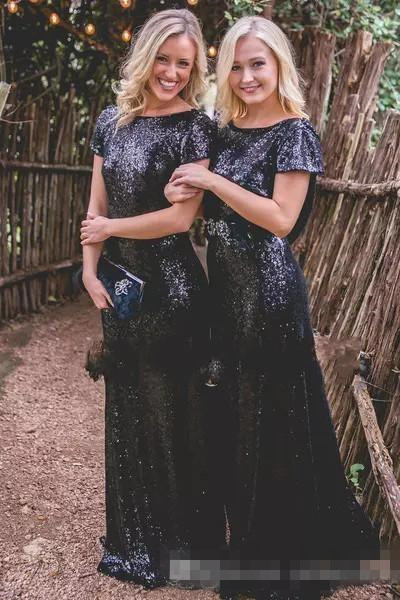 Sparkly Navy Blue Sequins Bridesmaid Dresses Short Sleeves Sexy Backless Maid of Honor Gowns Plus Size Wedding Guest Dress