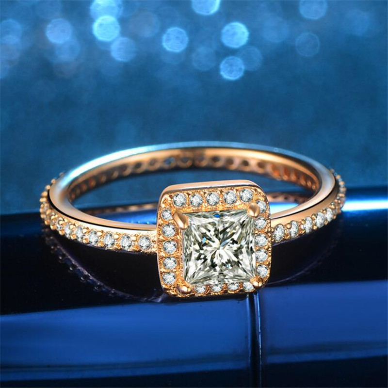Classical New Simple Fashion Jewelry 925 Sterling Silver&Gold Fill Princess Cut White Topaz CZ Diamond Gemstones Square Women Wedding Ring