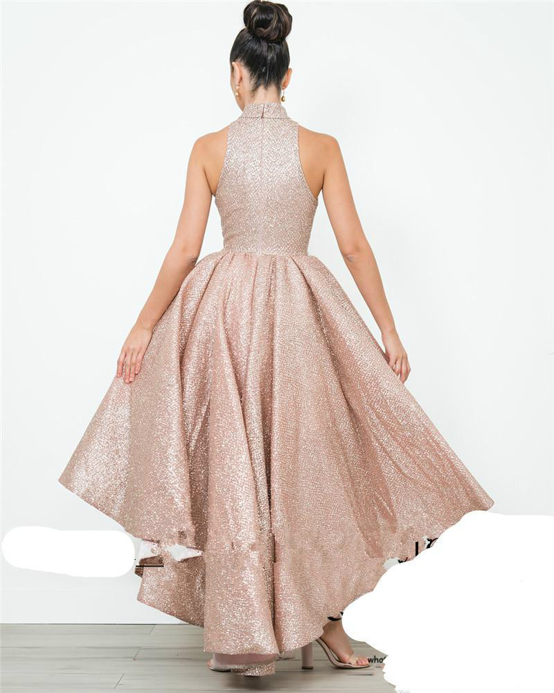 Glitter Rose Gold Prom Dresses High Neck Sequined Hi Low Cocktail Party Dresses Evening Wear Holiday Sleeveless Arabic Bling Graduation Gown