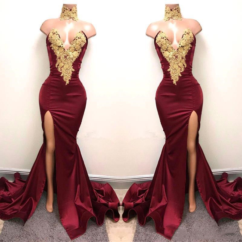 New Sexy Burgundy Prom Dresses with Gold Lace Appliqued Mermaid Front Split for 2K19 Prom Party Evening Wear Gowns