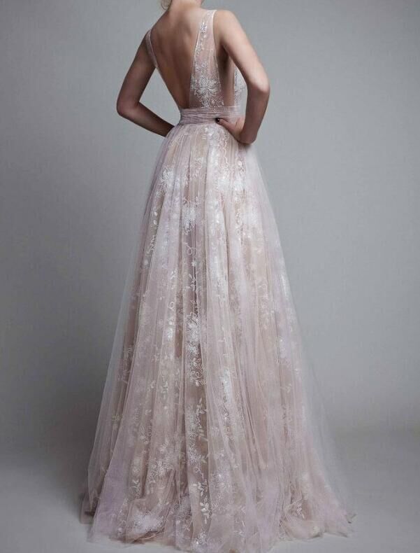 Sexy Boho Deep V-neck Evening Dresses Illusion Lace Open Back Floor Length Party Gowns Beach Prom Dresses