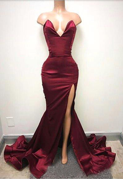 2019 Hot Burgundy Mermaid Prom Dresses Sexy Backless Sweetheart High Split Long Evening Gowns Ruched Celebrity Holiday African Party Gowns
