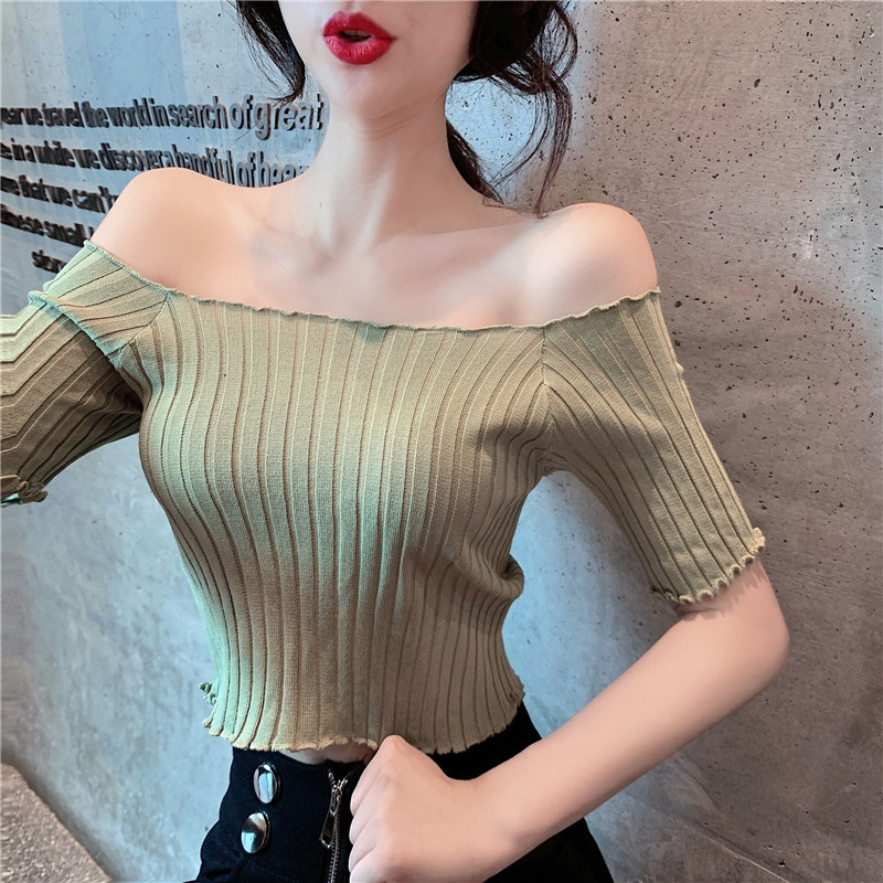 Summer Sweet Sexy Solid Slash Neck Cropped T-shirts Women Short Sleeve Knit Crop Tops For Girls Available Stock, Black
Summer Sweet Sexy Solid Slash Neck Cropped T-shirts Women Short Sleeve Knit Crop Tops For Girls Available Stock, Black
