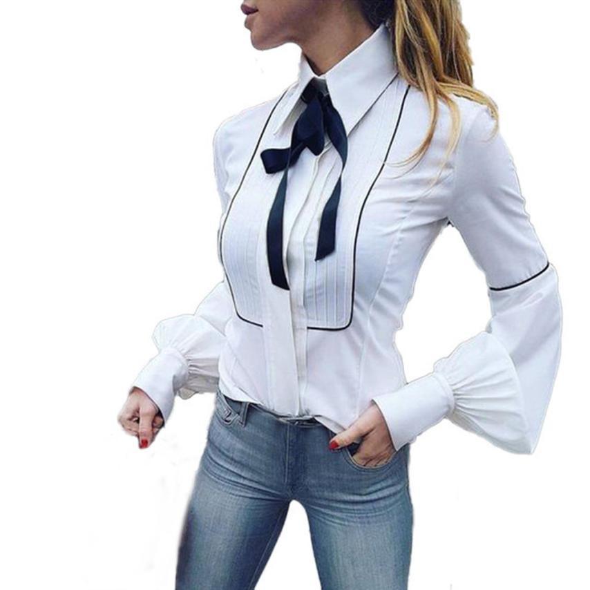 2018 Womens Tops and Blouses Vintage White Bow O Neck Long Sleeve Shirt Fashion Office Lady Clothing Camisa Feminina