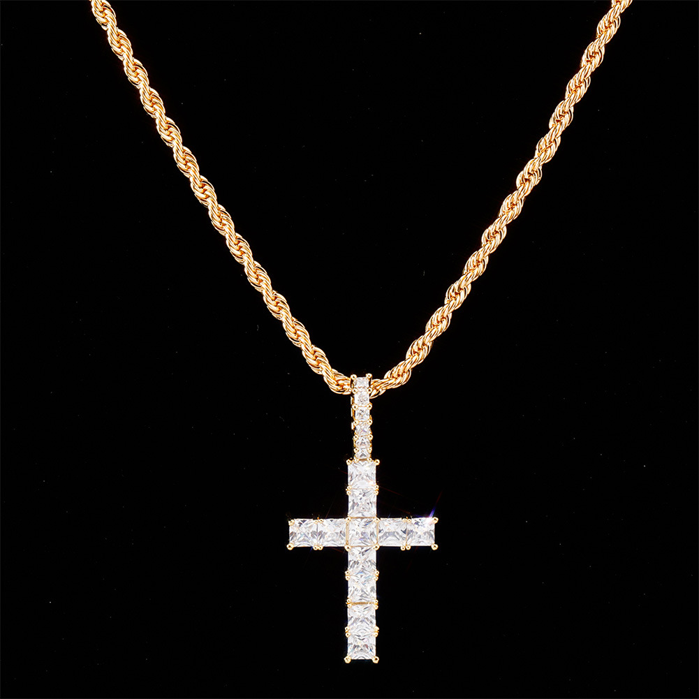 personalized Vintage Rose Gold Blingbling Diamond Iced Out Cross Pendant Chain Necklace Square Cubic Zirconia Jewelry Gift For Men Women
