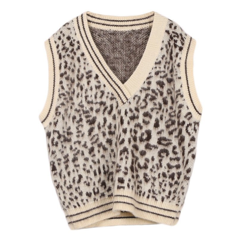 2019 autumn new knitted vest women Fashion simple leopard loose V-neck comfortable casual sweater, Beige 
2019 autumn new knitted vest women Fashion simple leopard loose V-neck comfortable casual sweater, Beige
