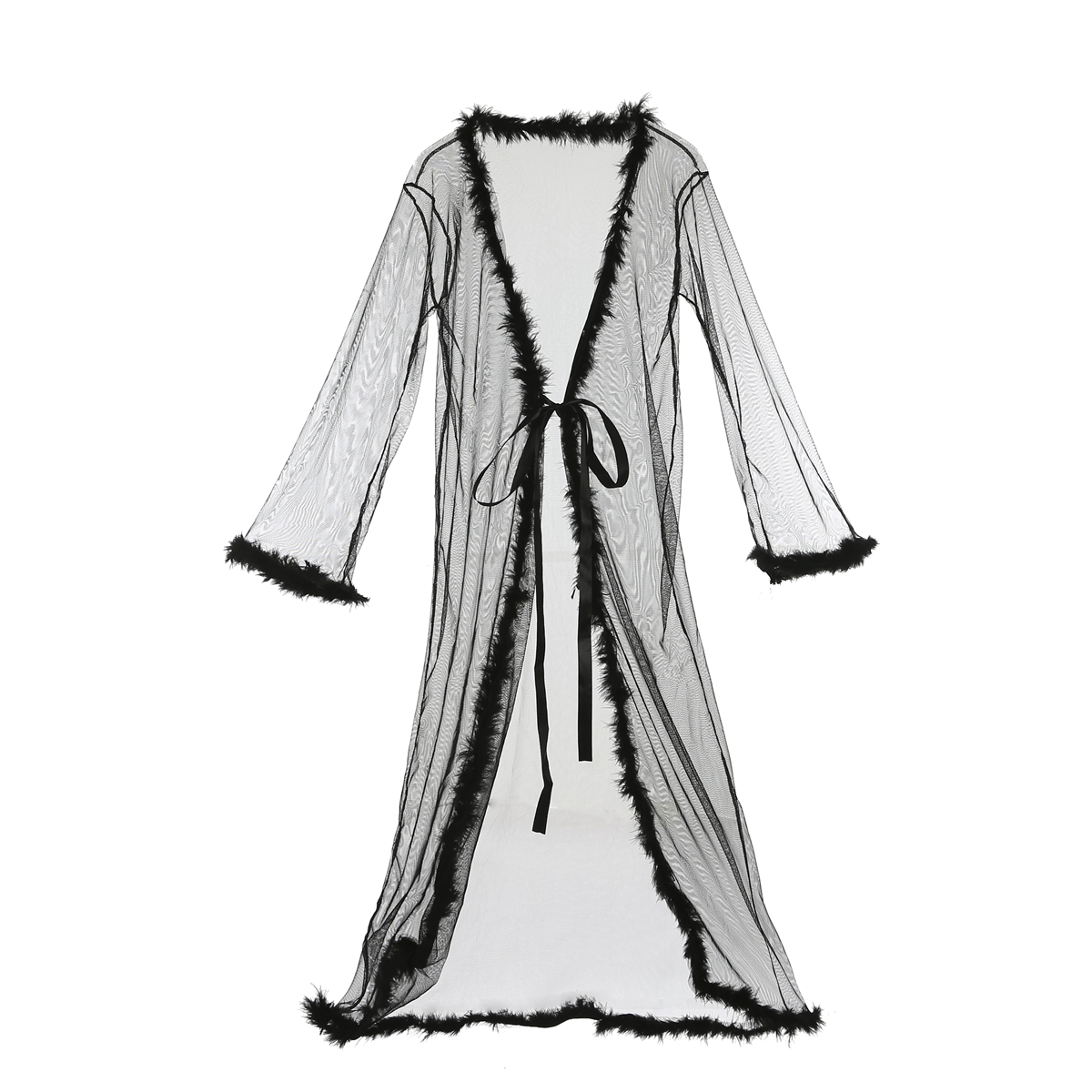 Fashion Long Sleeve Nightgowns Illusion Sleepwear Women Red Lace Robe Sexy Lingerie Chiffon Nightwear Underwear Babydoll Fur Bathrobe