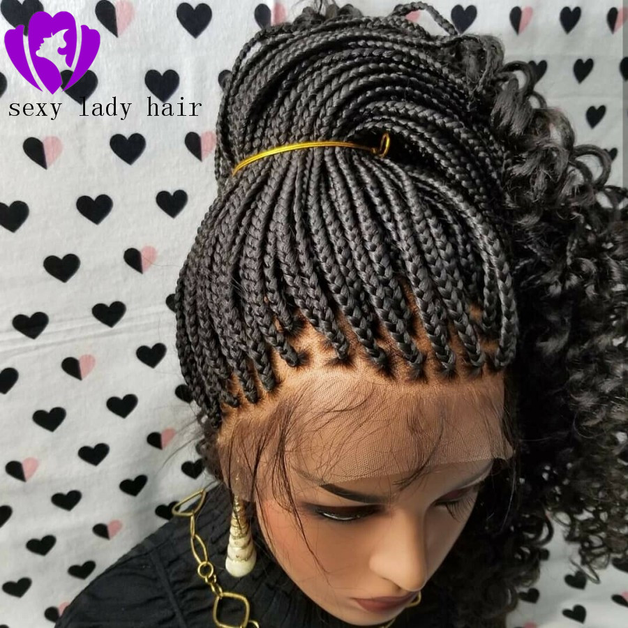 180density full 24inches black/brown /burgundy box braids wig Fully Hand Ponytail synthetic lace front Goddess Braids wig With Curly Tips
