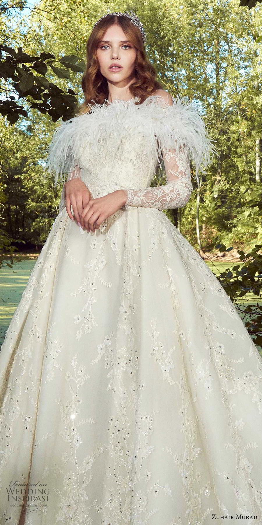 Zuhair Murad 2019 Wedding Dresses Off Shoulder Feather Lace Beads Long Sleeve Chapel Bridal Gowns Plus Size Beach robe de mariée