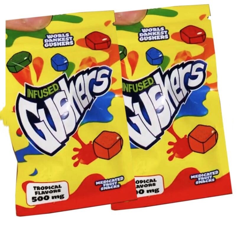 Worlds Dankest Gushers Medicated Fruit Snack 500MG Gusher Bags Tropical And Sour Tropical Flavors Edibles Gummies Packaging Mylar Bags
Worlds Dankest Gushers Medicated Fruit Snack 500MG Gusher Bags Tropical And Sour Tropical Flavors Edibles Gummies Packaging Mylar Bags