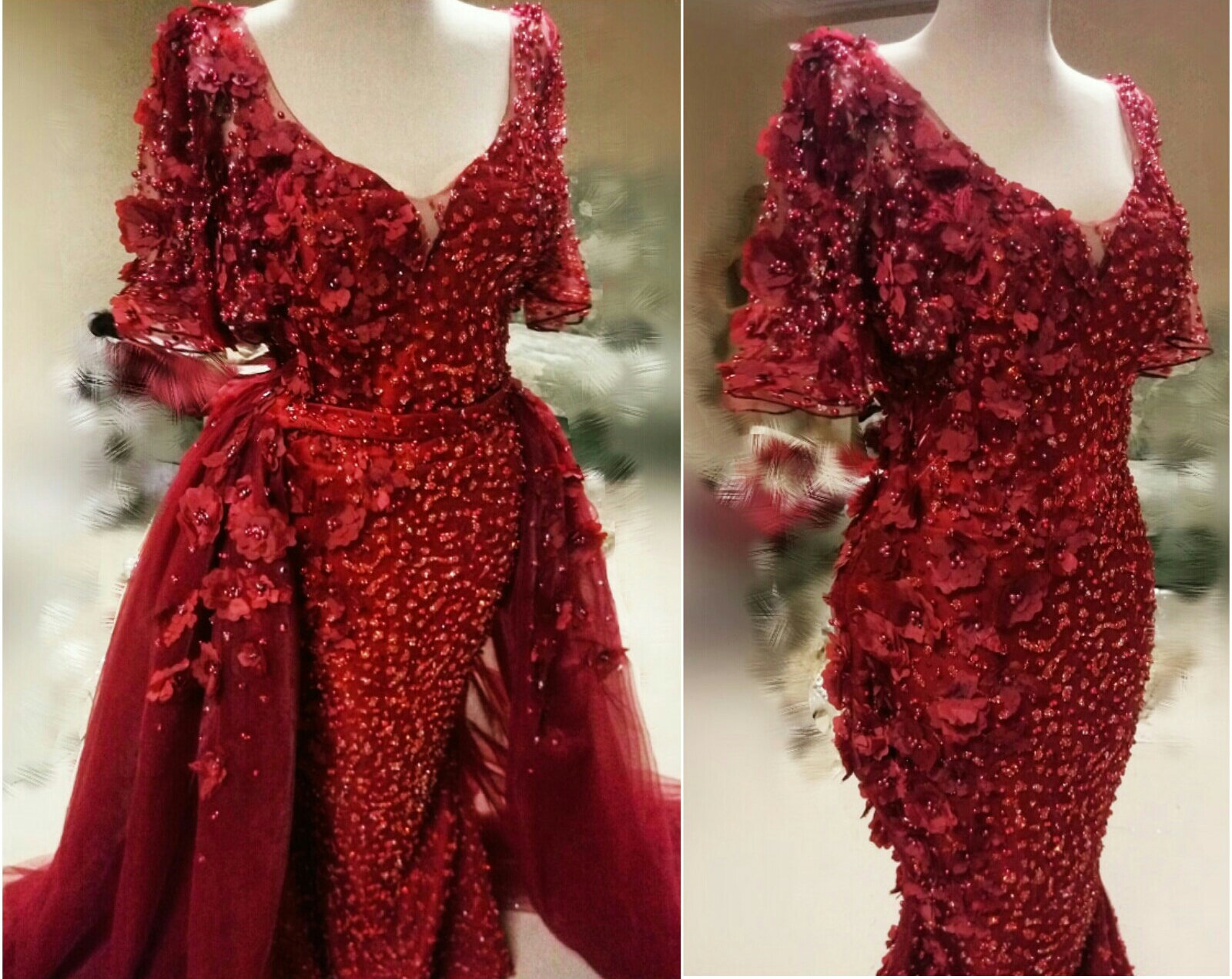 Red Mermaid Evening Dresses with Detachable Train Lace Appliqued Pearls Luxury Flower Mermaid Prom Dress Short Sleeves Party Dress Custom