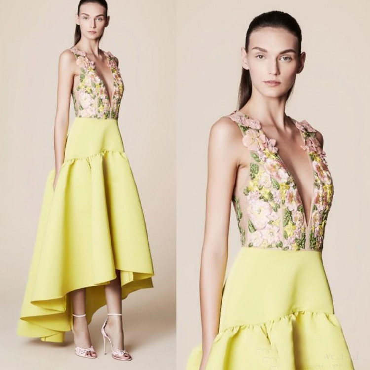 2019 Bright Yellow Prom Dresses Deep V-Neck Flower Embroidery Dress Sexy High Low Evening Dresses Party Women Gowns