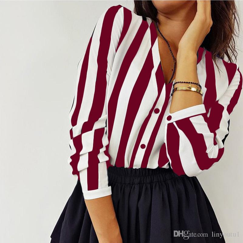 2020 New Blouse Women Casual Striped Top Shirts Blouses Female Loose Autumn Fall Casual Ladies Office Blouses Top Sexy