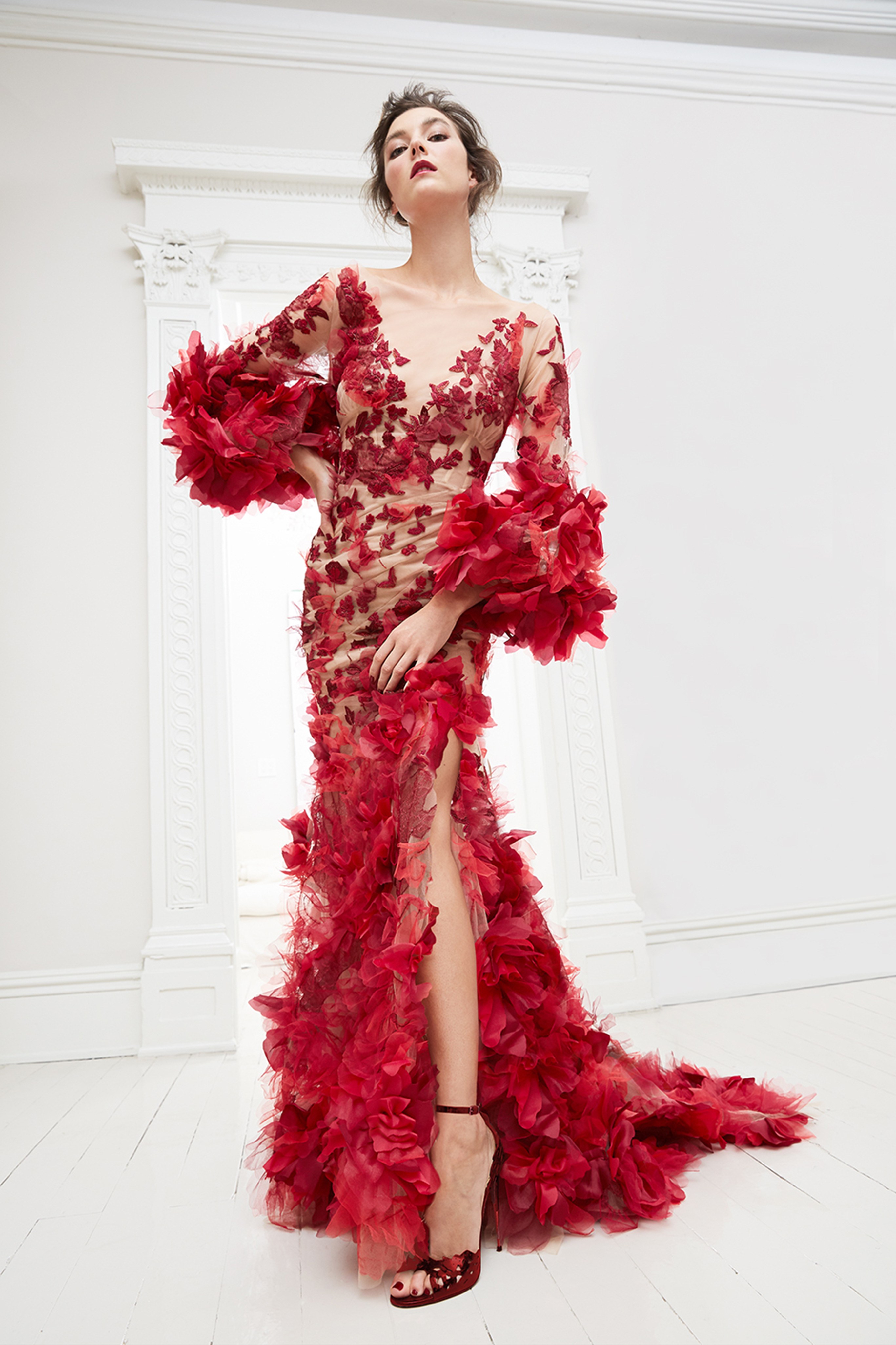 2020 Marchesa Red Evening Dresses Sheer Neckline Lace Floral Flowers Mermaid Prom Dress Party High Split Long Sleeve Formal Occasion Gowns