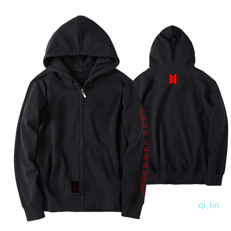 

BTS Love Yourself World Tour Fleece Cap Hoodie JIMIN V SUGA Loose Zipper Coat Unisex Jacket Outwear Sweatshirts, Black