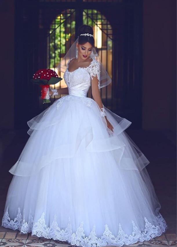 2020 Romantic Saudi Arabic Plus Size Lace Ball Gowns Wedding Dresses scallop Bridal Gowns long sleeves Wedding vestido de novia Abendkleider