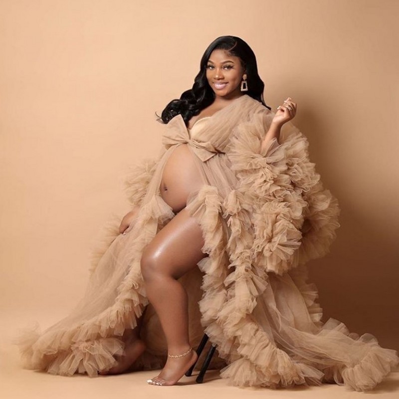 Ruffles Tulle Kimono Women Dress Sexy Robe Puffy Prom Party Dresses Puffy Sleeves African Cape Cloak Plus Size robe de soiree Pregnant Gown