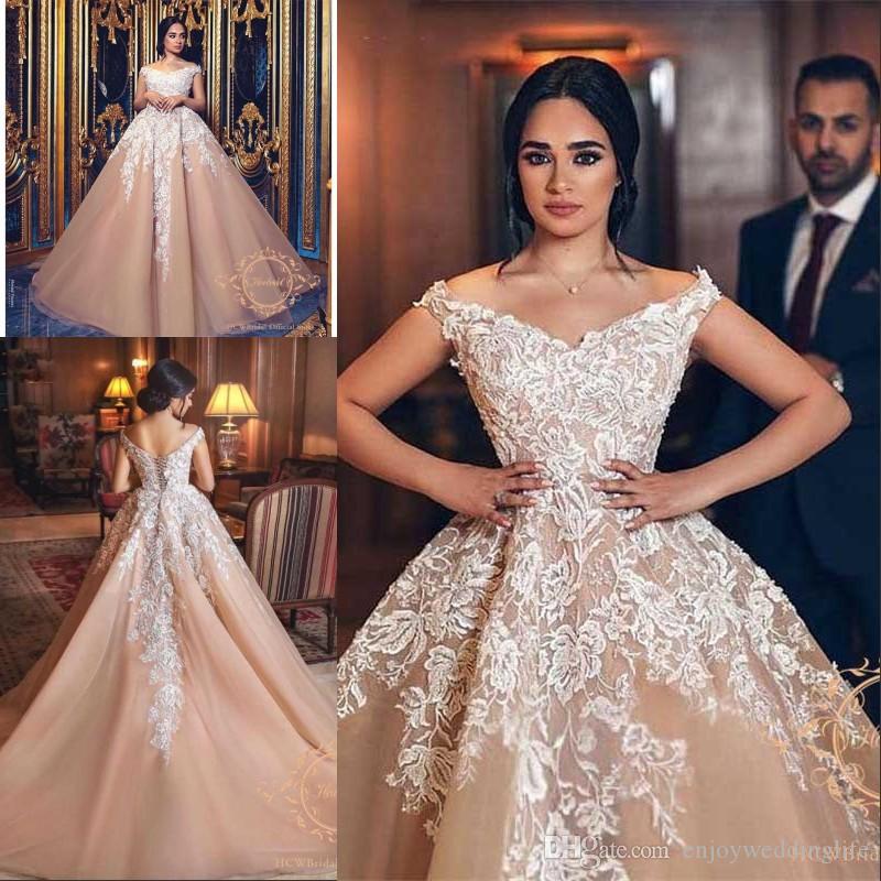 Champagne Plus Size A Line Dresses Off Shoulder Lace Applique Pleats Floor Length Wedding Dress Bridal Gowns Vestidos De Noiva