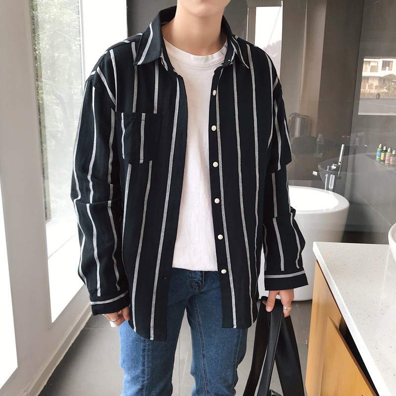 Shirt men's long-sleeved autumn clothes new casual tops Korean version of the trendy striped shirt jacket, Black
Shirt men's long-sleeved autumn clothes new casual tops Korean version of the trendy striped shirt jacket, Black