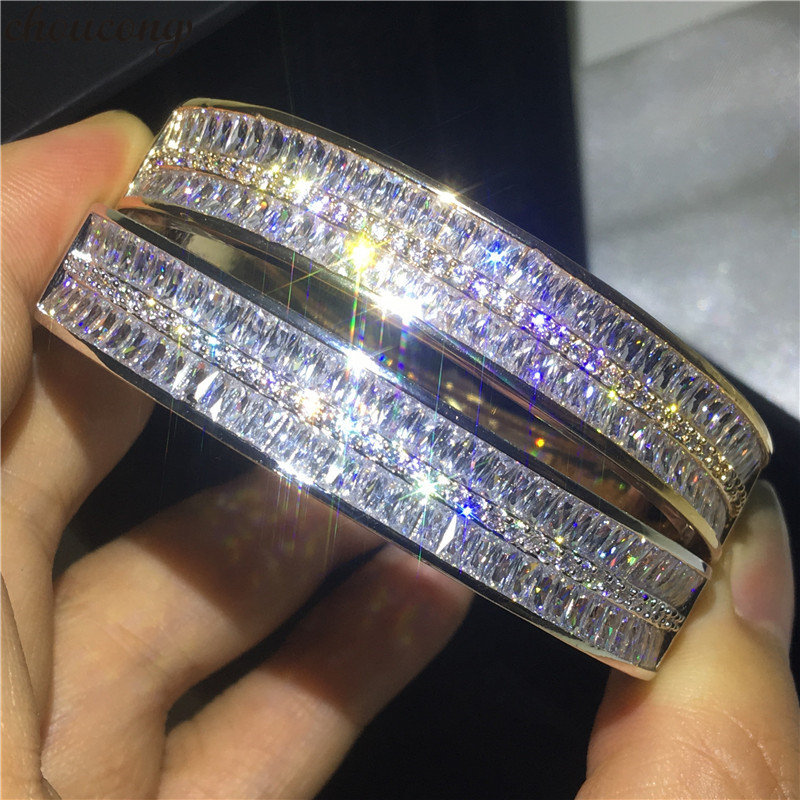 Choucong Sparkling Shinning Luxury Jewelry 10KT White Gold Fill Double Princess Cut White Topaz CZ Diamond Party Women Wedding Bridal Bangle