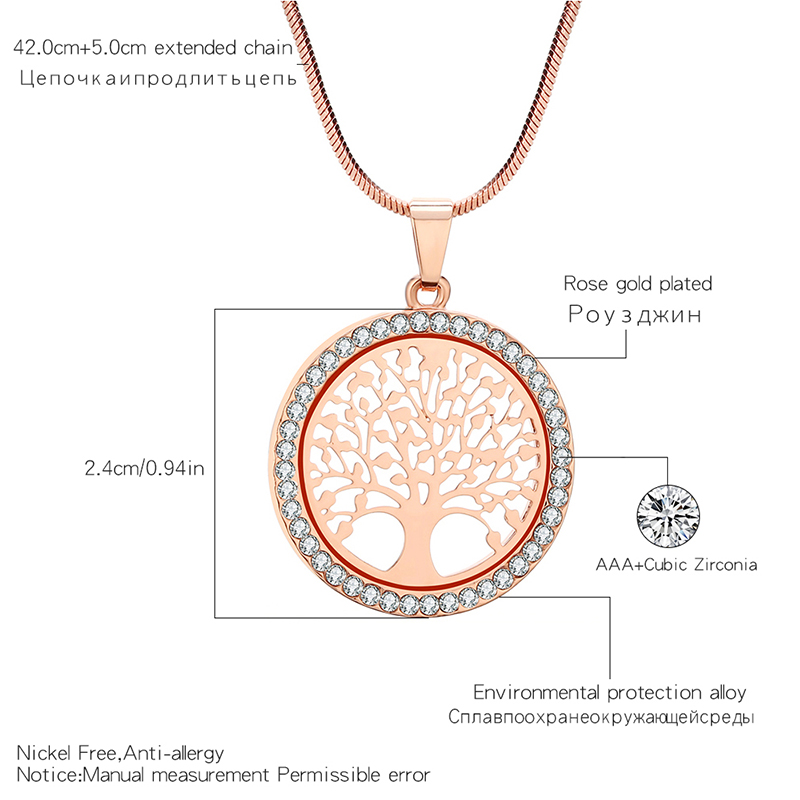 Tree of Life Crystal Round Small Pendant Necklace Gold Silver Rose Colors Elegant Women Jewelry Gifts