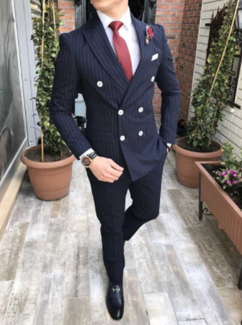 Latest Design Double-Breasted Navy Blue Strips Wedding Men Suits Peak Lapel Two Pieces Business Groom Tuxedos (Jacket+Pants+Tie) W1196
