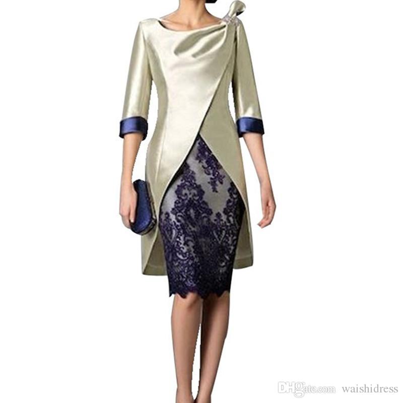 2018 waishidress two pieces short mother of the bride dresses 1/2 sleeves lace mother of the groom dresses sheath evening gowns