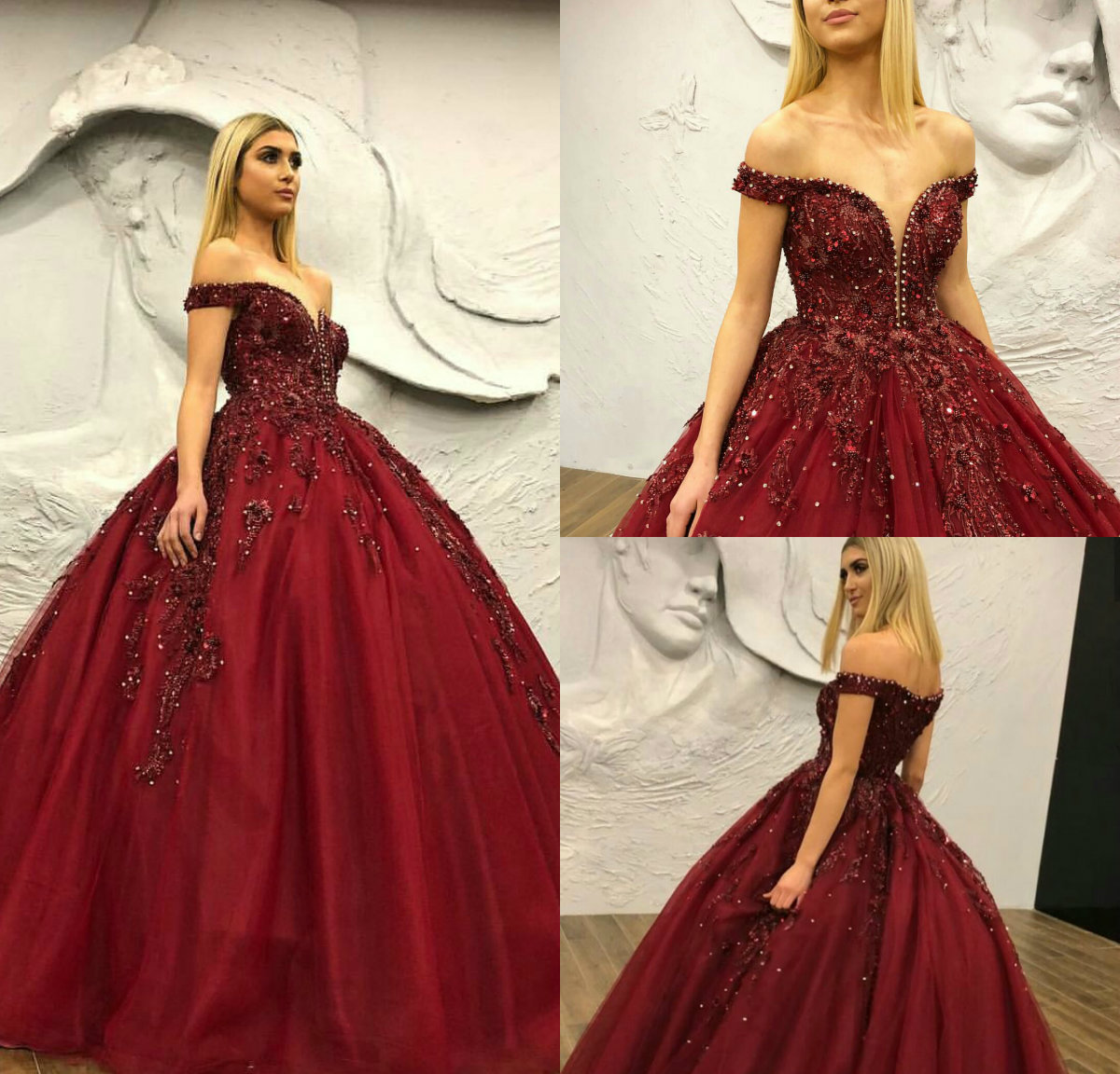 2019 Gorgeous Sequined Beaded Prom Dresses Off The Shoulder Sweep Train Burgundy Ball Gown Evening Dress Custom Made Formal Party Gowns