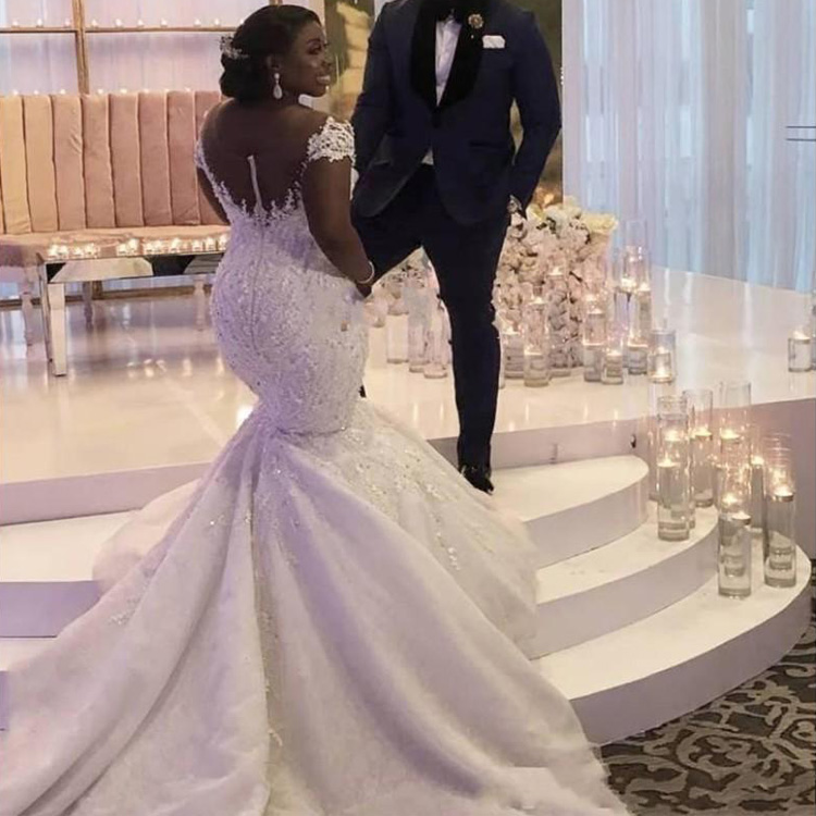 african mermaid wedding dresses plus size sheer v neck appliques beads sequins bridal gowns short sleeve sweep train vestidos de novi