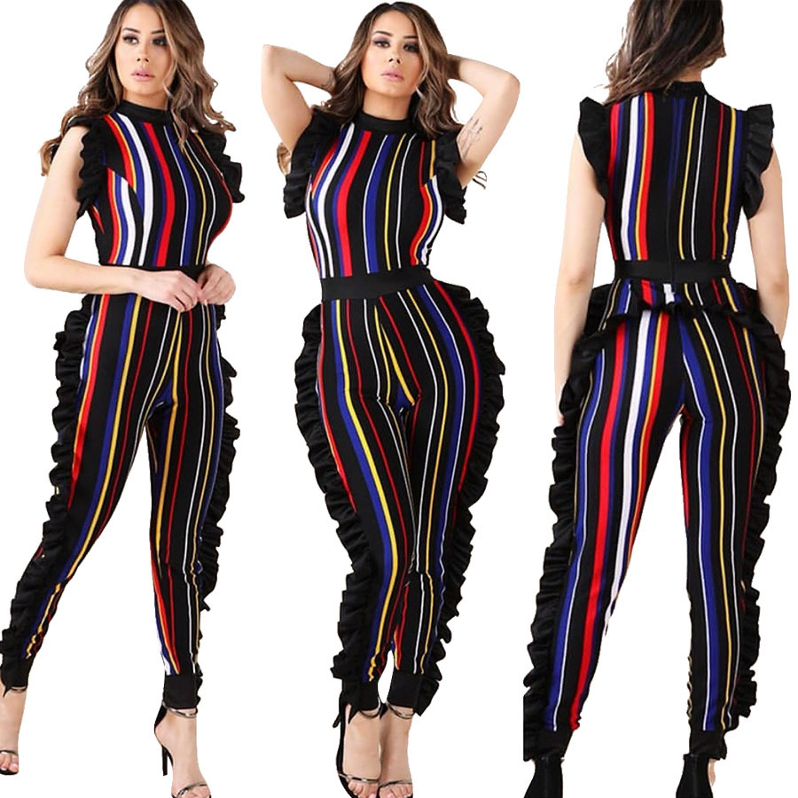 Jumpsuits fashion trend classic striped wooden ear trim Slim collar casual street jumpsuit support mixed batch