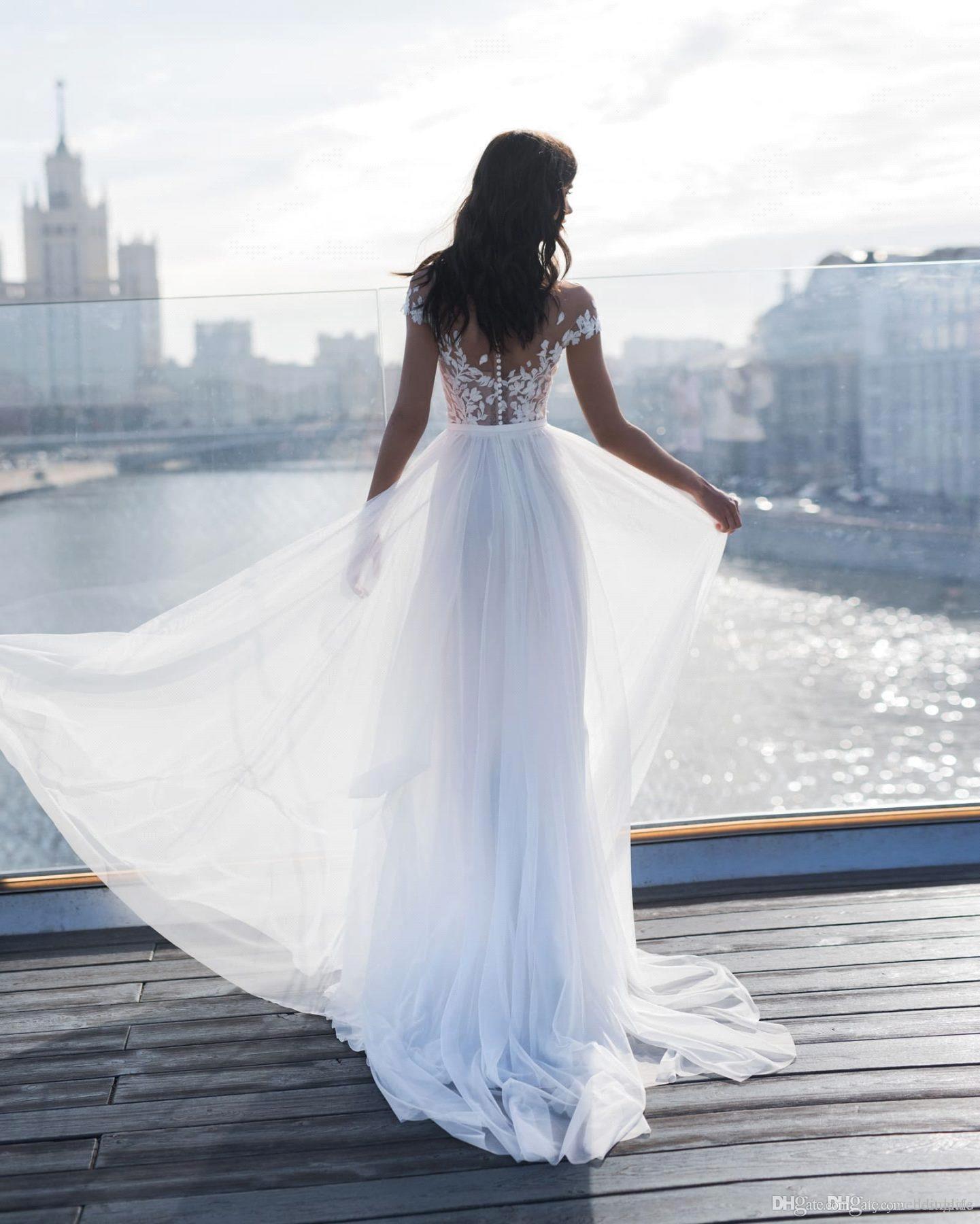 Summer Beach A Line Dresses Capped Sleeve Sheer Neck Lace Bohemian Wedding High Thigh Slit Bridal Gowns Buttons Floor Length 0510