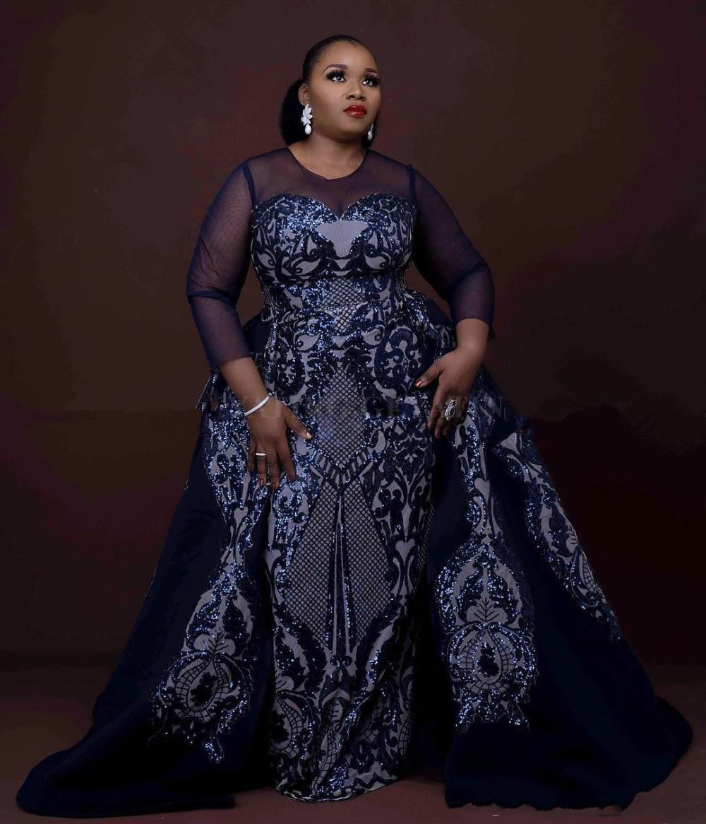Sparkly Sequins Navy Blue African Evening Dresses with Detachable Train Long Sleeves Elegant Women Formal Prom Dresses Plus Size Party Gowns