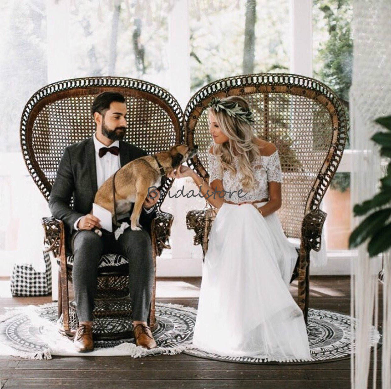 Modest Two Piece Wedding Dresses Boho Crop Top Lace Bateau Neckline Chiffon Country Wedding Dress Short Sleeve Button Back Cheap Bridal Gown