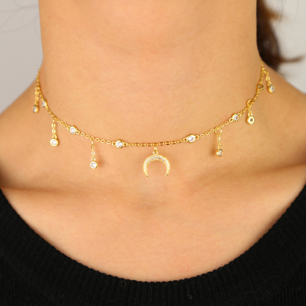 2019 new arrived choker necklace 32+8cm chain cz station charm Horn charm elegance women fashion gorgeous jewelry