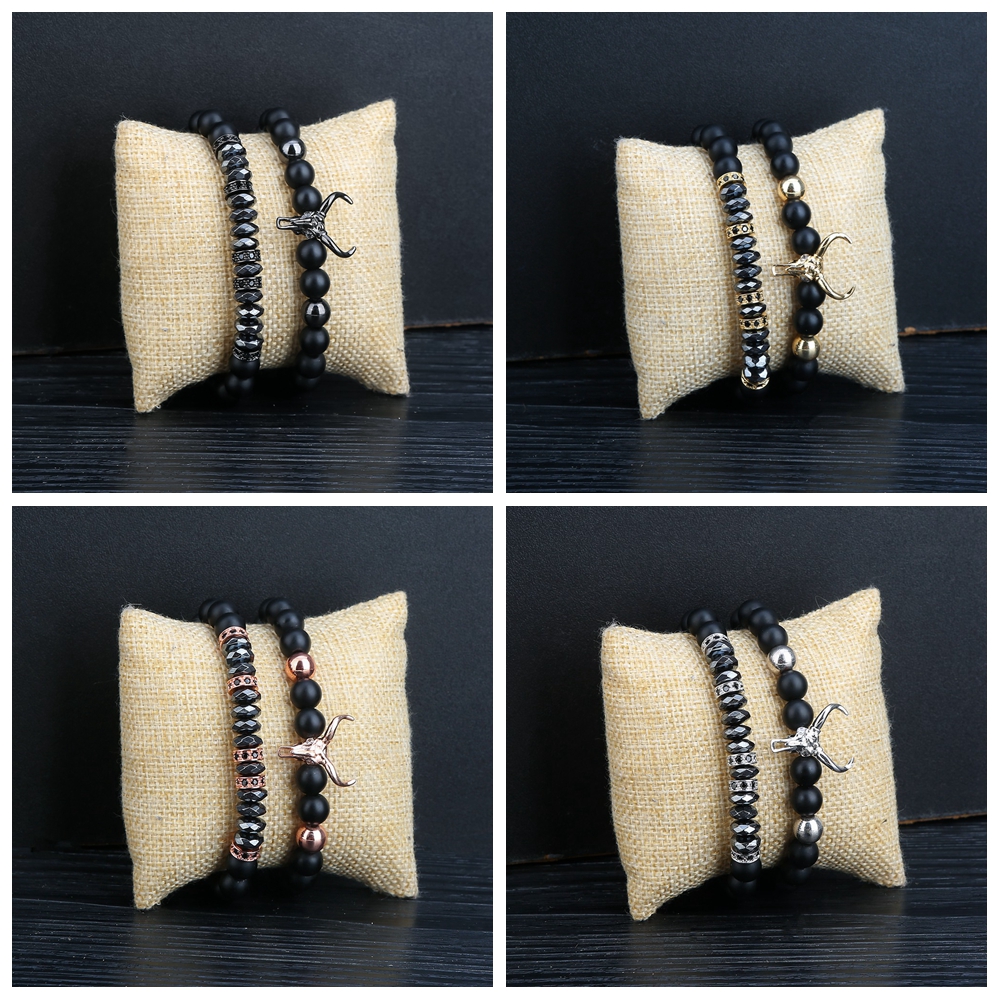 Bead Bracelets for Men Charm Black Bull Matte Onyx Stone Bangle Fashion 8MM Charm Ox Head Bracelets & Bangles Jewelry