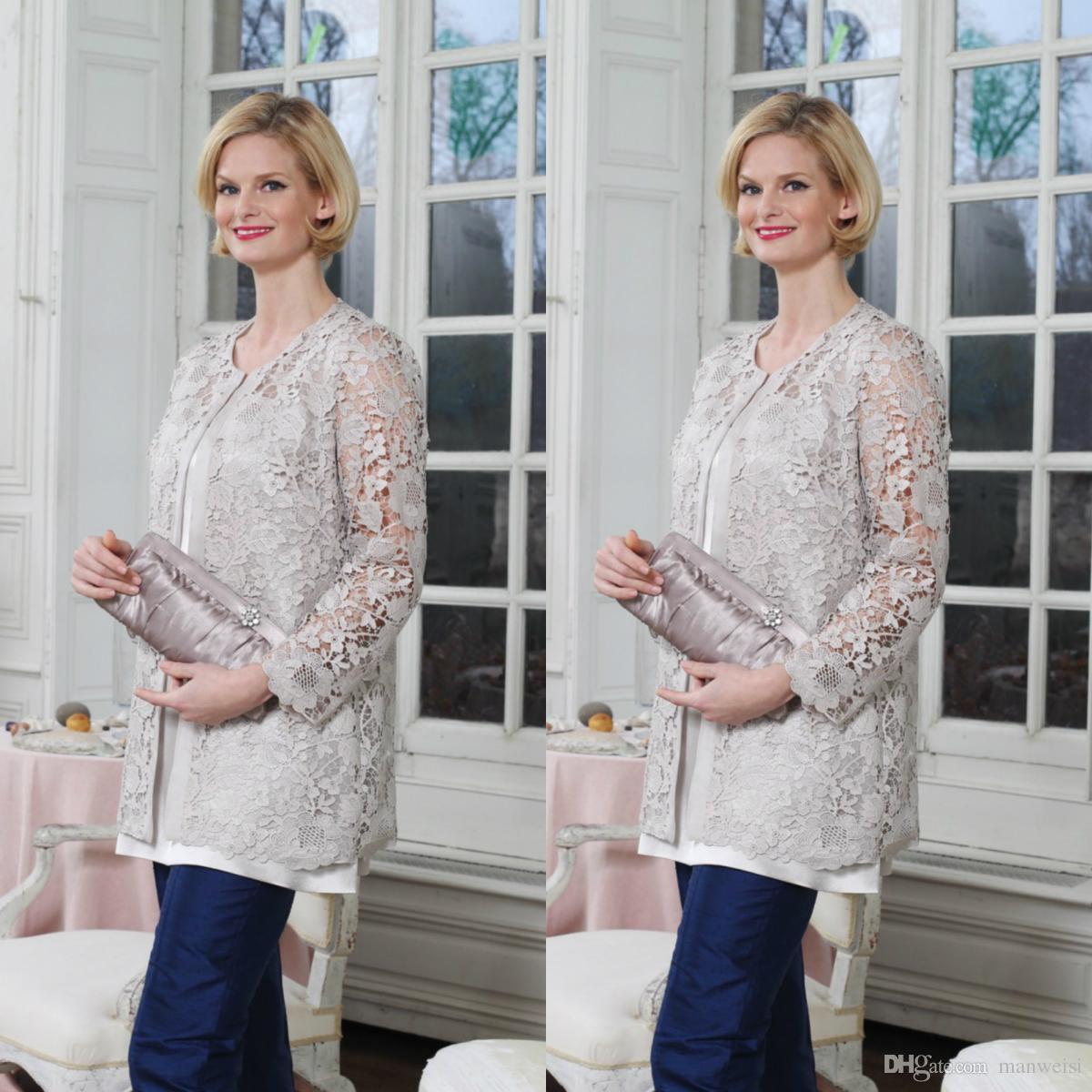 elegant mother of the bride pant suits with jacket three pieces lace evening gowns plus size wedding guest dresses