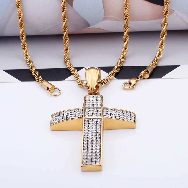 Men Hip Hop Cross Pendants Necklace 316L Stainless Steel Full Cubic Zirconia Setting 18K Gold Plated Jewelry