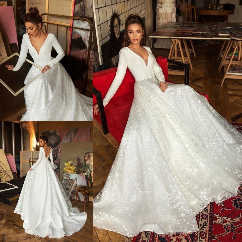 Long Fashion Sleeves Backless Wedding Dresses Deep V Neck A E Lace Bridal Gowns Sweep Train Robe De Mari E