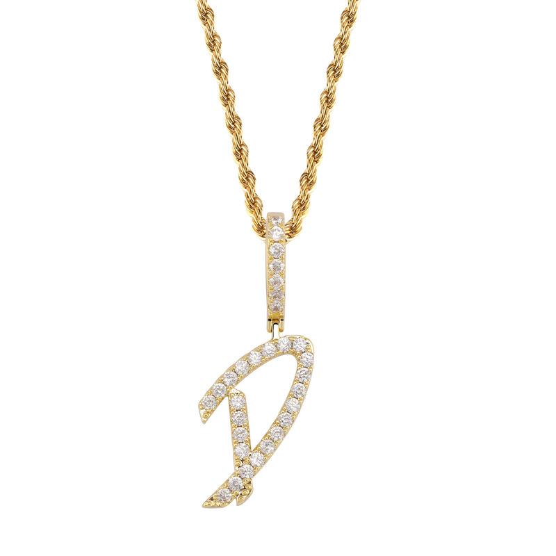 New Fashion Personalized Real Gold Bling Diamond Cursive A-Z Initial Letters Custom Name Pendant Necklace DIY Letter Jewelry for Couples