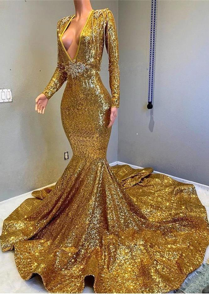 Mermaid Backless Prom Dresses Mermaid Cheap V-neck Long Sleeves Sequined Bling Bling Bead Floor Length Evening Wear Gowns Party Dresses