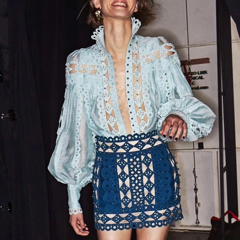 TWOTWINSTYLE Sexy Beading Patchwork Women Blouse Stand Collar Lantern Sleeve Hollow Out Shirt Female Fashion Summer 2019 New V191130