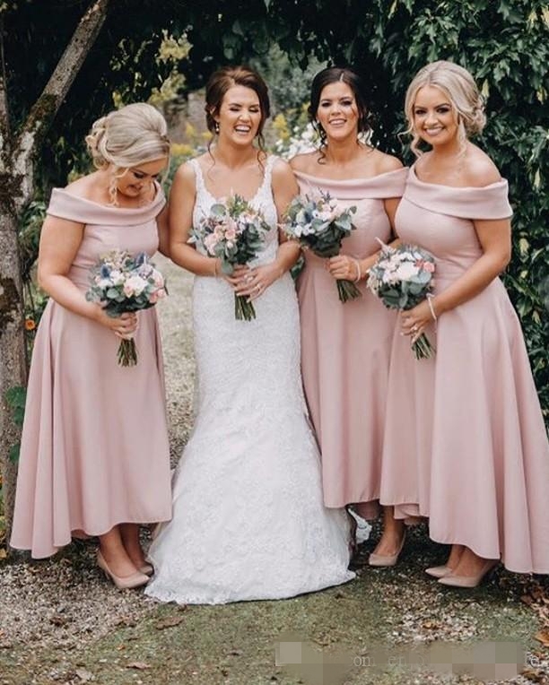 Dusky Pink High Low Bridesmaid Dresses Elegant Off The Shoulder Ankle Length Maid Of Honor Gown Plus Size Custom Made Formal Evening Wear