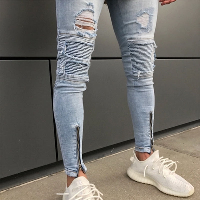 MoneRffi New Men Ripped Holes Pencil Pants Zipped Skinny Jeans Casual Pants with Pleated Patchwork Slim Fit Biker Male Jeans