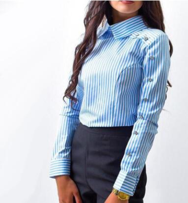 women coat Fashion Striped Button Casual Women tops and Blouses Long Sleeve Turn Down Collar Shirt Vintage OL Tops Female