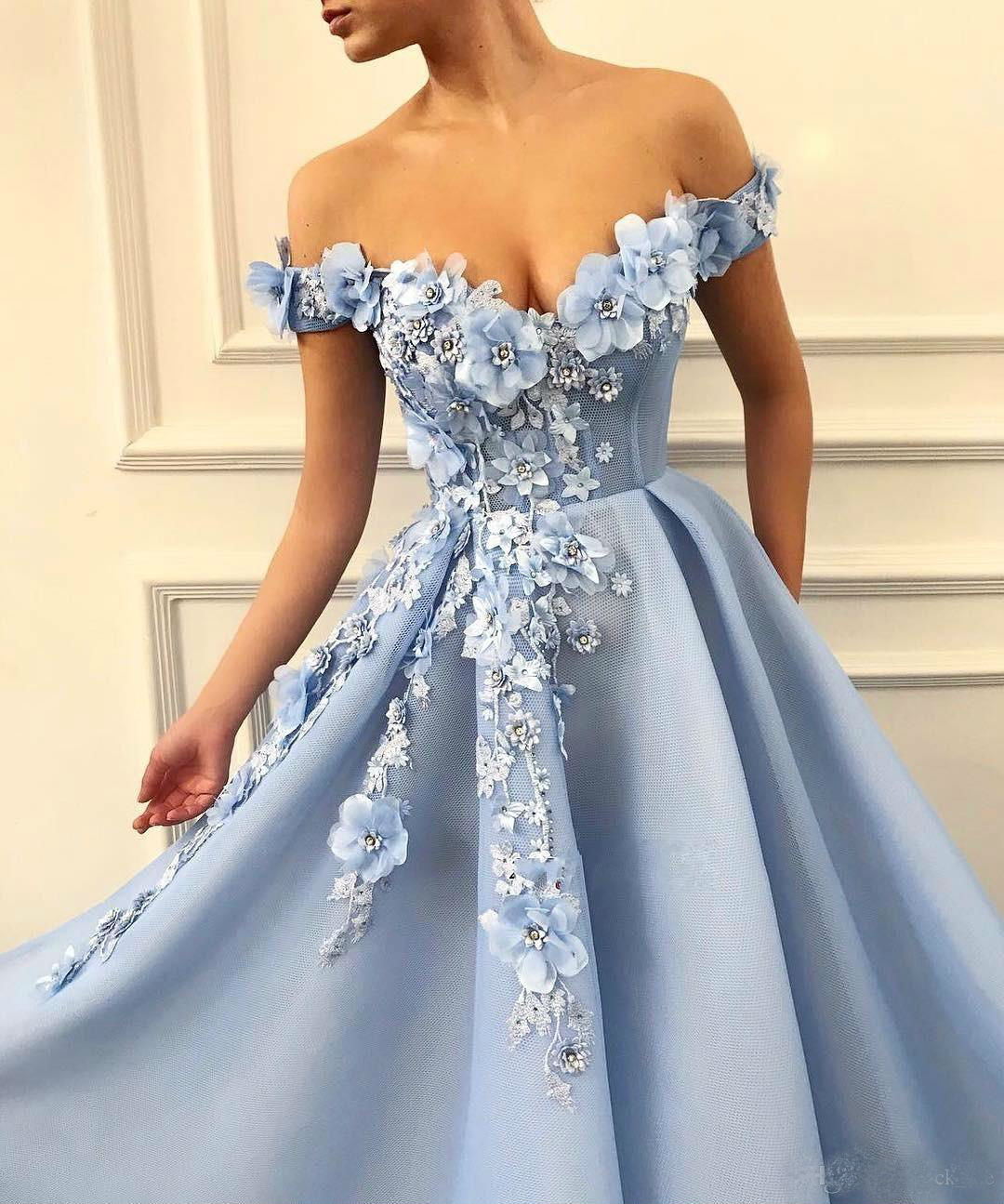 2019 Light Blue Prom Dresses Off Shoulder 3D Floral Appliques Tulle Beaded Evening Dress robes de soirée Custom Made Cocktail Party Gowns