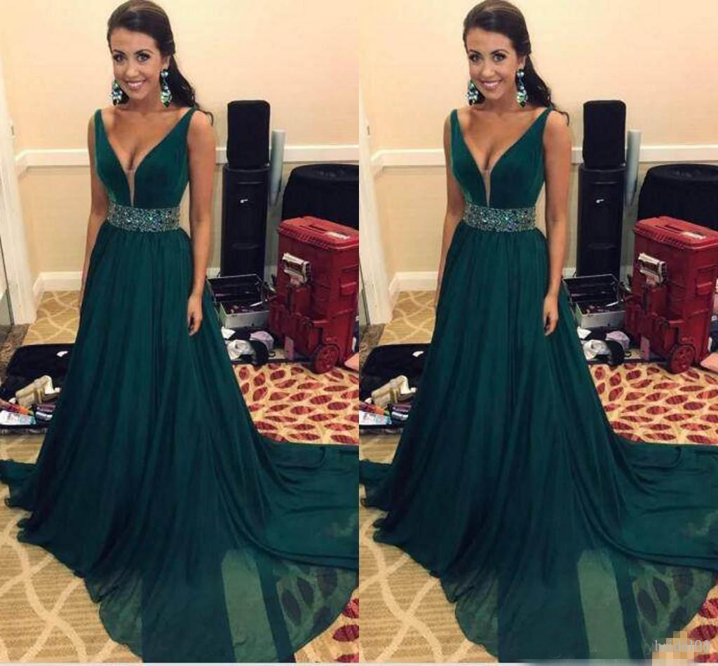 2020 A-Line Deep V-Neck Special Occasion Dresses Chiffon Charming Evening Dresses Hunter Green Prom Dresses Sash With Beaded Sequins